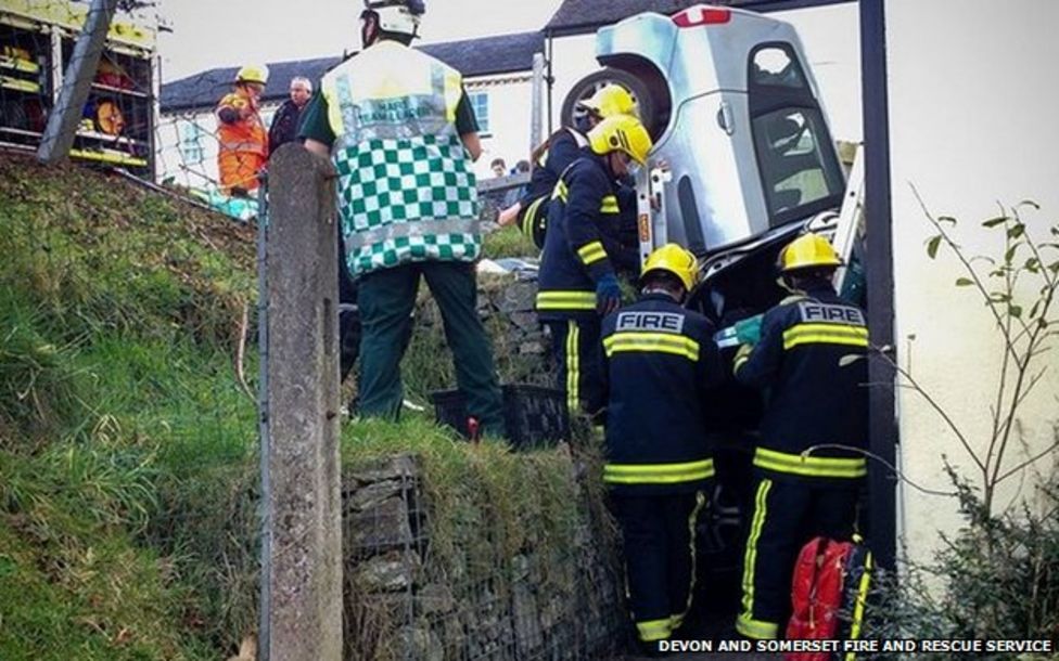 Car wedged between Buckfastleigh house and wall after crash BBC News
