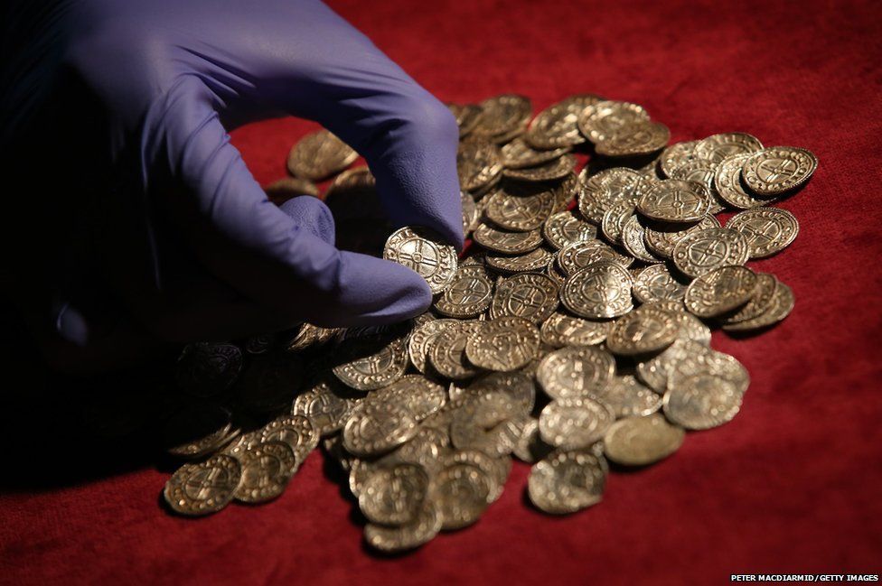 Anglo Saxon silver pennies are displayed at The British Museum