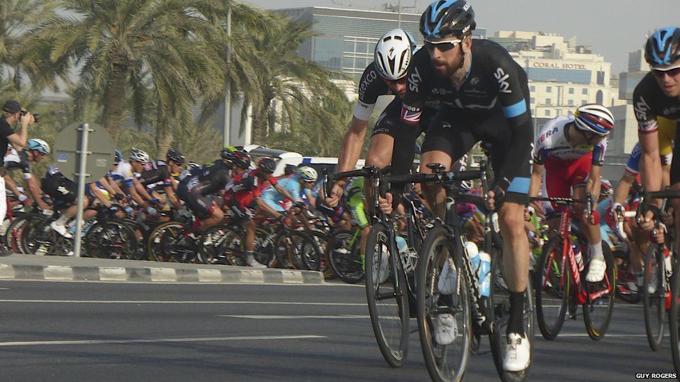 Sir Bradley Wiggins leading the chase during a stage of the Tour of Qatar. Photo: Guy Rogers