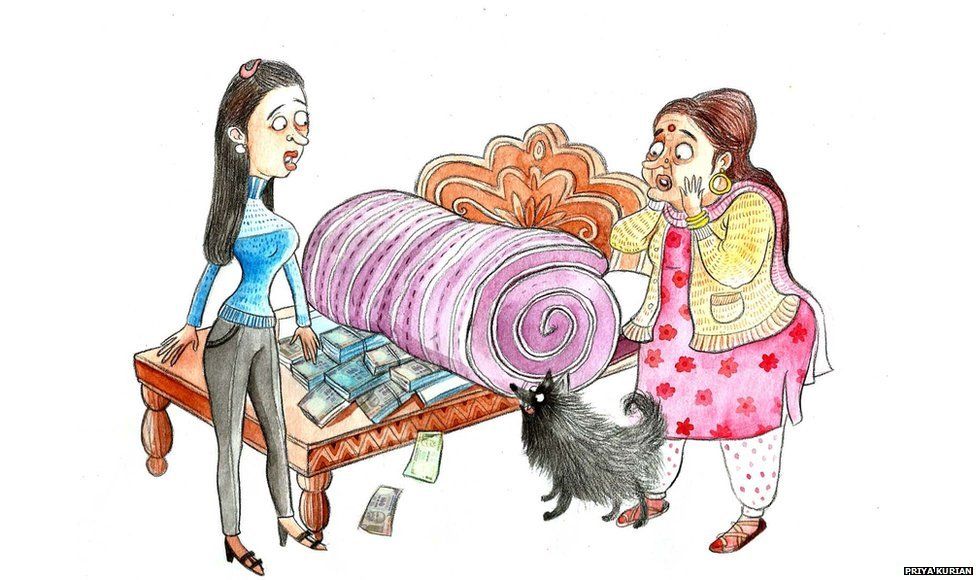 Two women looking at a pile of money under a mattress