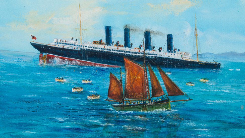 A painting of the Lusitania with the Wanderer, by John Halsall