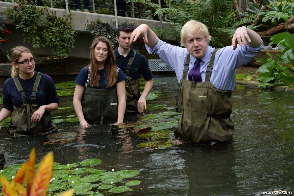Mayor of London Boris Johnson plants flowers at the Royal Botanical Gardens