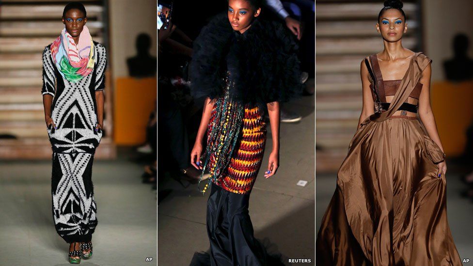 Models wearing designs from Mali's Xuly Bet (l), Kenya's Jamil Walji (c) and of Cameroon's Imane Ayissi (r) in Sao Paulo, Friday 17 April 2015
