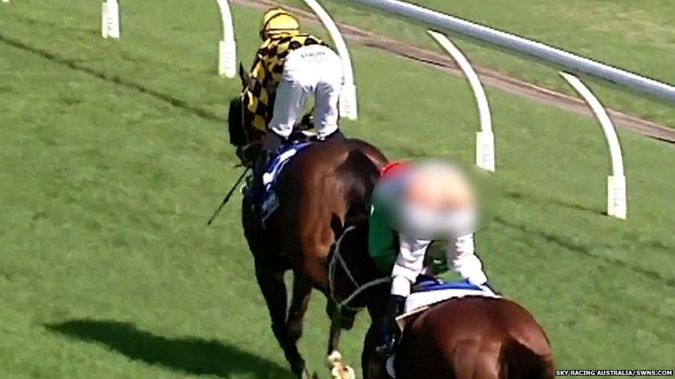 A jockeys pants fell down during a race but he finished anyway butt in  the air  By NowThis  Facebook