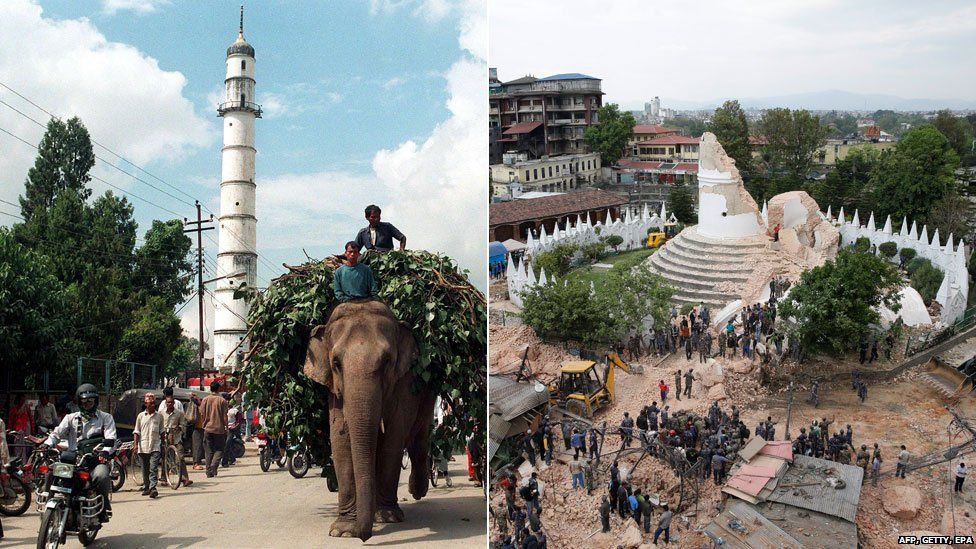Dharahara tower before and after the quake