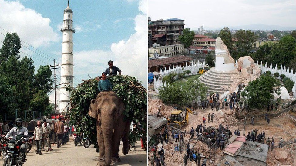 Dharahara tower before and after the quake