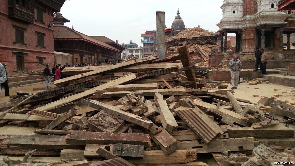 Buildings which collapsed in quake are seen at the Durbar Square in Patan, Nepal (25 Apr 2015)