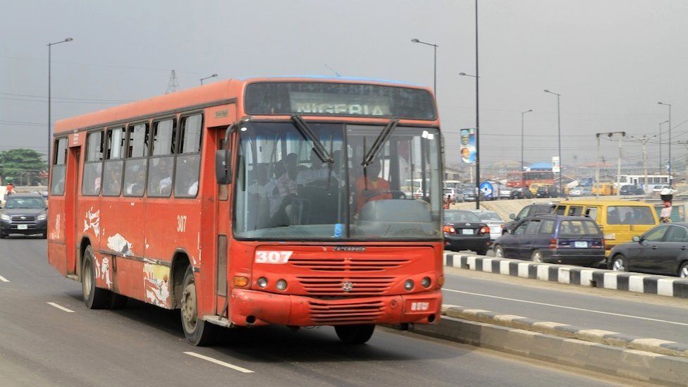 A red bus in Lagos, Nigeria
