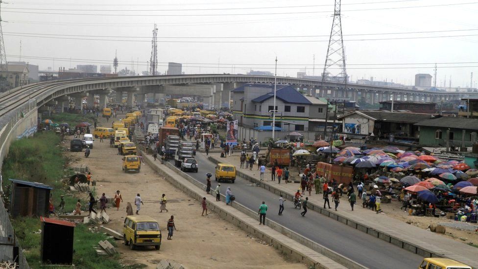 View of newly built raised railway track in Lagos, Nigeria