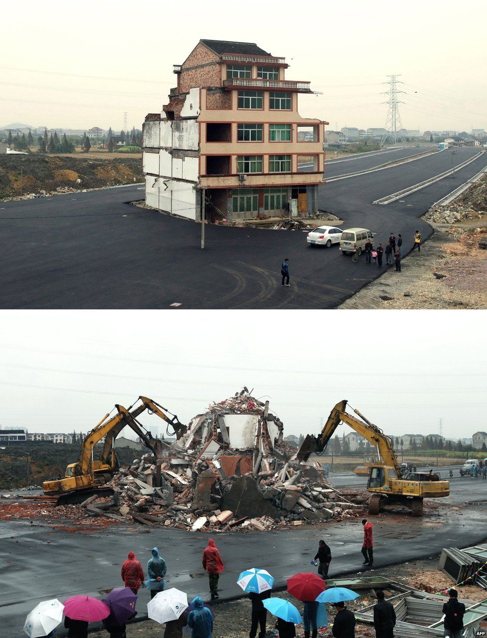 Before and after excavators tear down the five-storey apartment building in the middle of a newly-built road in Wenling, in eastern China's Zhejiang province