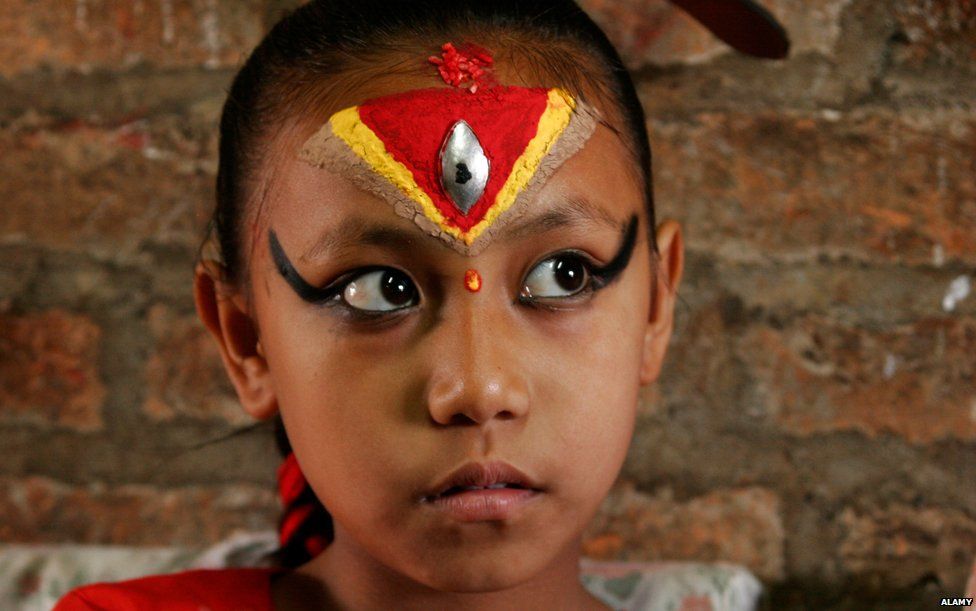 Kumari, girl worshipped as an incarnation of the Hindu goddess Durga, Bhaktapur, Nepal, Asia