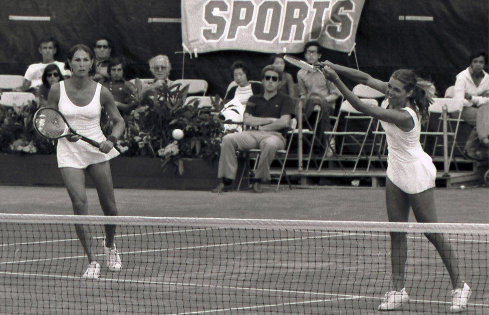 Renee Richards and Betty Ann Stuart playing in the US Open doubles final in 1977