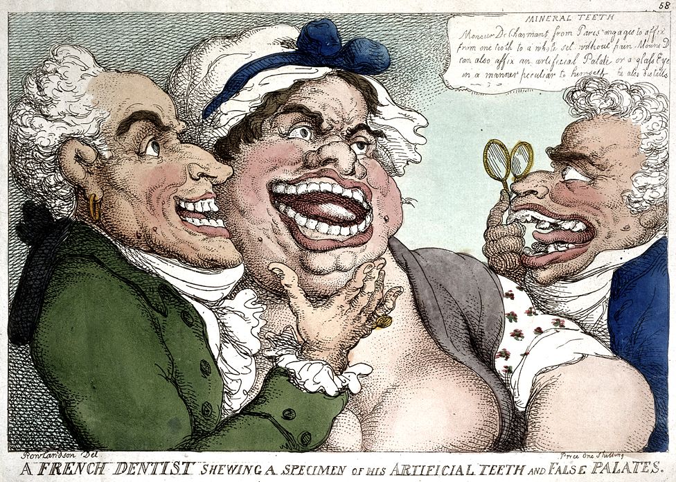 Cartoon depicting a woman being fitted for false teeth