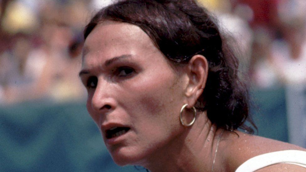 Renee Richards playing tennis in 1977