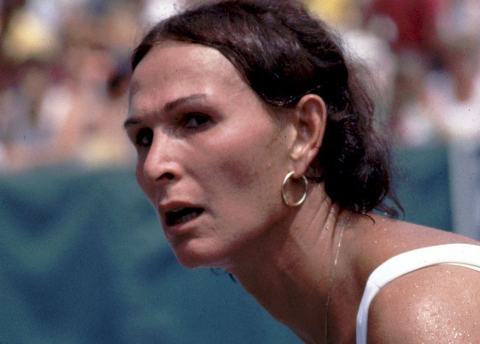 Renee Richards playing tennis in 1977