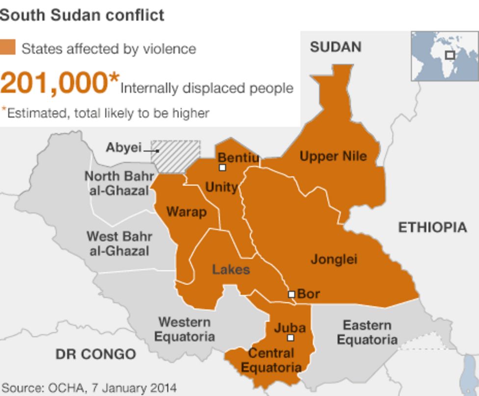 South Sudan S Army Advances On Rebels In Bentiu And Bor BBC News    72195423 South Sudan Conflict Displ 07.01.2014 464map 