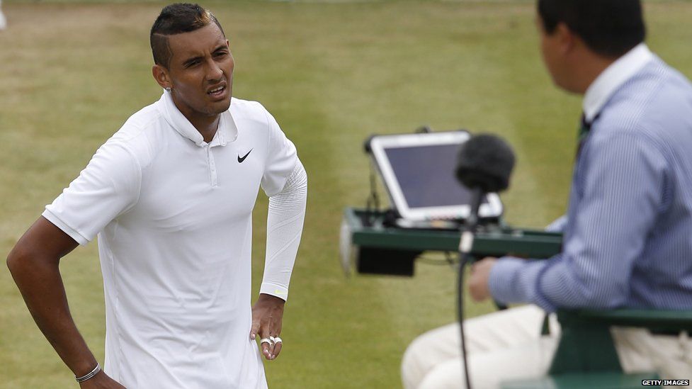 Nick Kyrgios argues with the umpire at Wimbledon