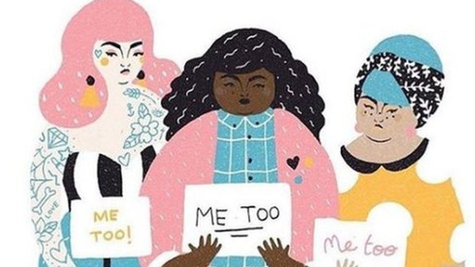 Illustration of three women holding signs which read "Me Too"