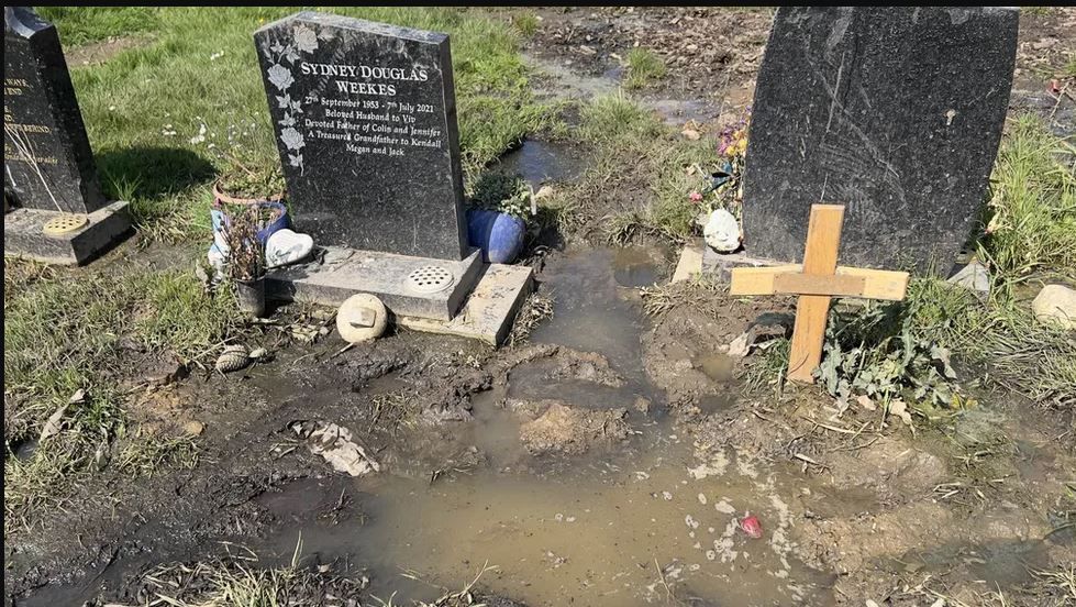 Graves covered in mud and water