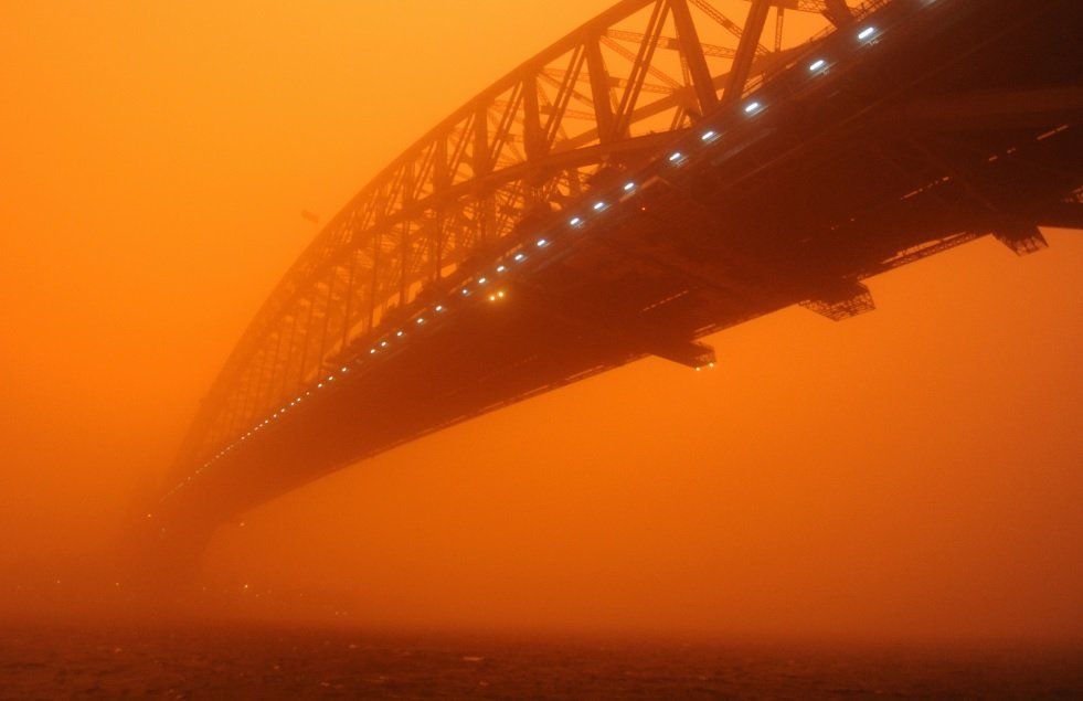 Sydney harbour bridge in dust storm