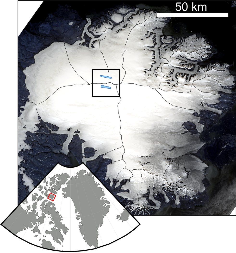 Satellite map of the Devon ice cap, showing the location of Devon island in the Canadian Arctic and two long lakes in the middle of the ice sheet