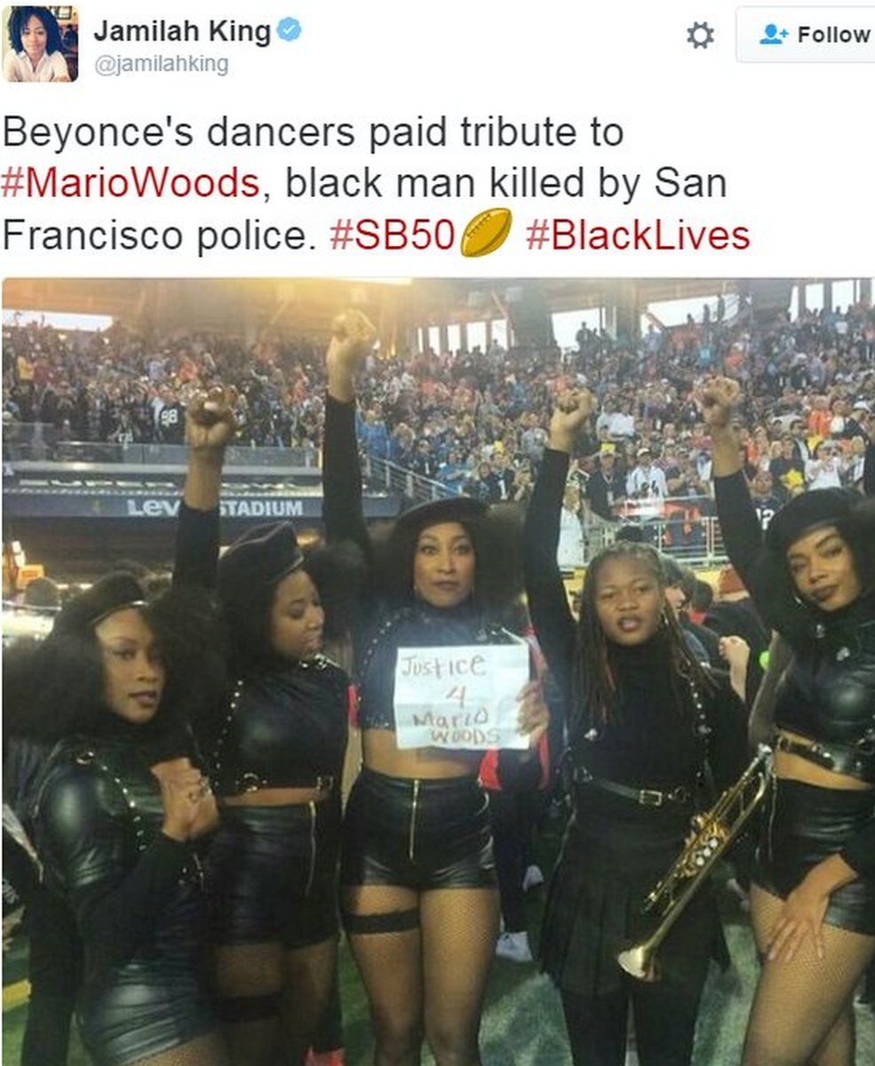 Tweet showing Beyonce's backing dancers calling for justice over police shooting - 7 February 2016