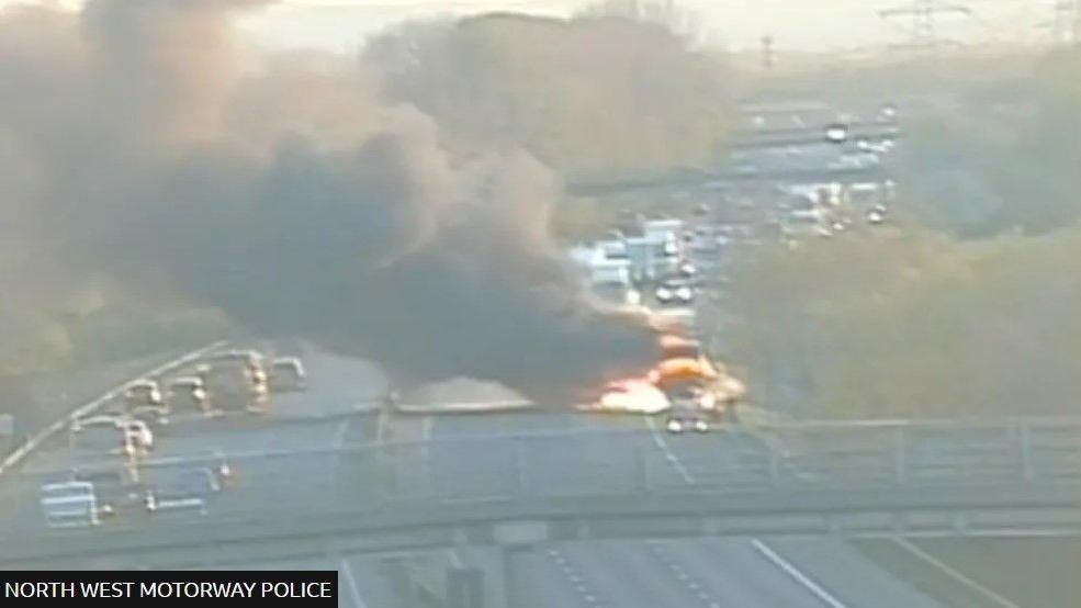 A lorry on fire on the M56 