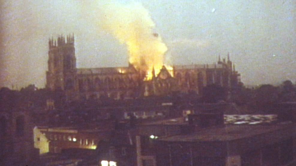 Picture shows York Minster in the distance with the roof of the South Transept on fire