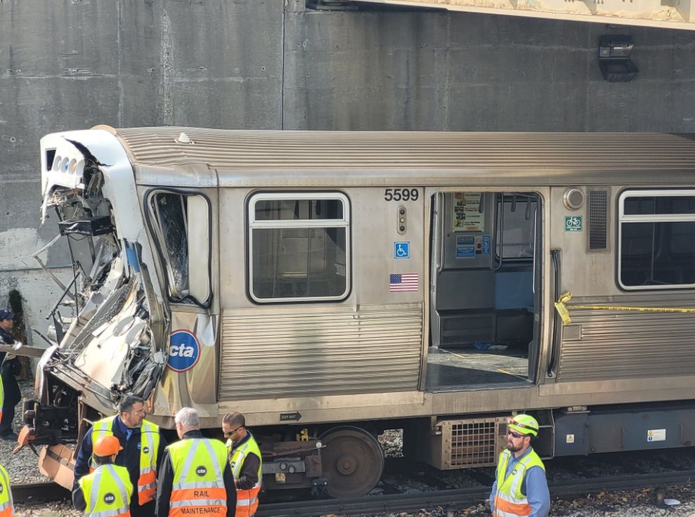 A Chicago subway train with the front smashed in
