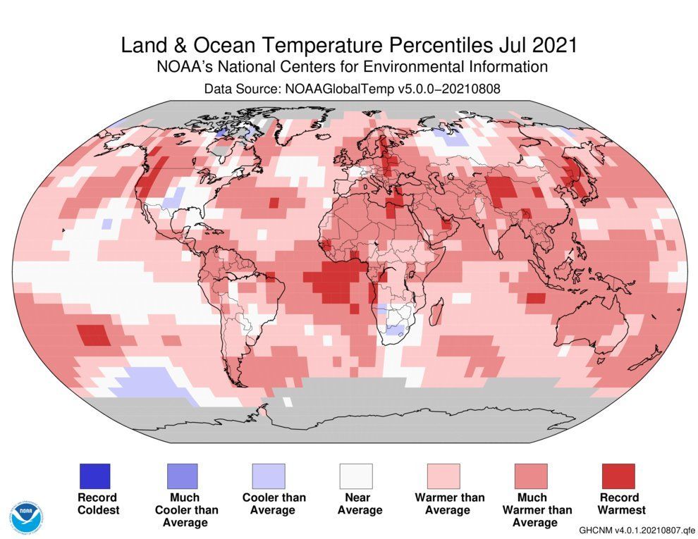 Map showing temperature percentiles for July 2021