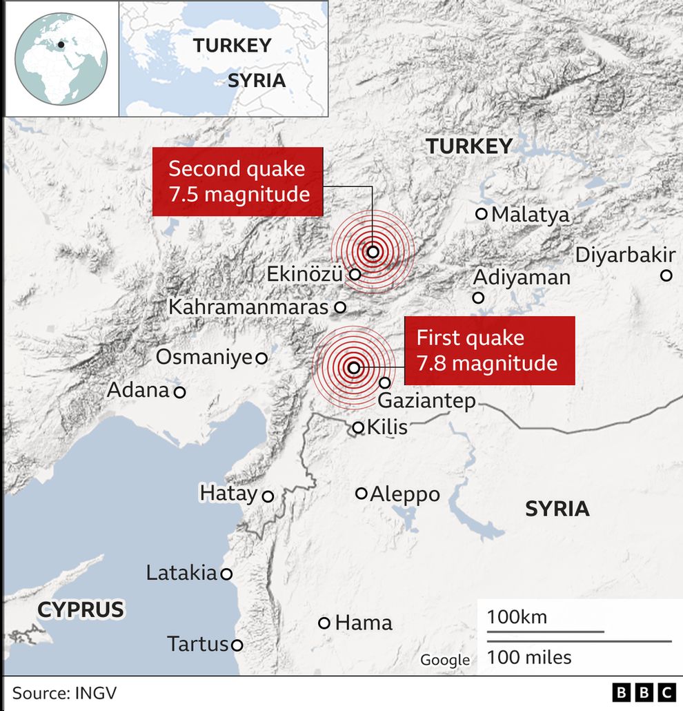 Map showing the location of the two earthquakes in Turkey