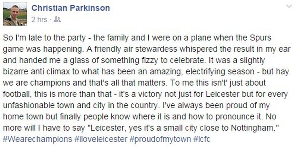 Facebook post by BBC cameraman on how he learned in mid-air about Leicester City's Premier League win - 2 May 2016