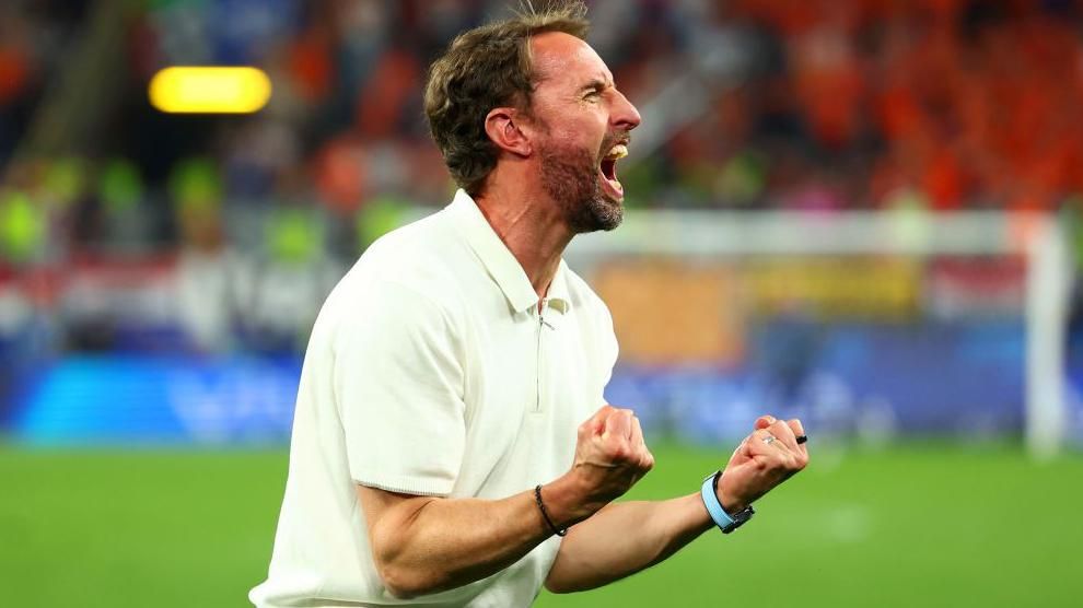 Gareth Southgate celebrates England's win against the Netherlands at Euro 2024