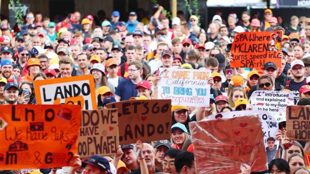 Fans hold up signs at the Belgian Grand Prix 