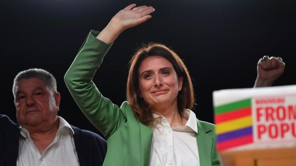 Marine Tondelier (EELV) gestures during the New Popular Front Rally after the first round of the early parliamentary elections at Place de la Republique in Paris