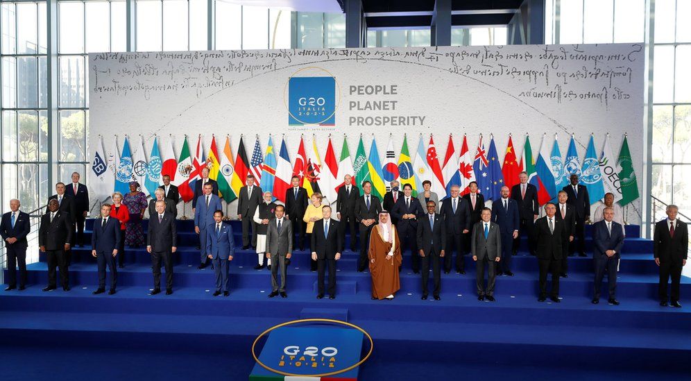 G20 state leaders pose during a family photo session at the start of the G20 summit in Rome, Italy, October 30, 2021.