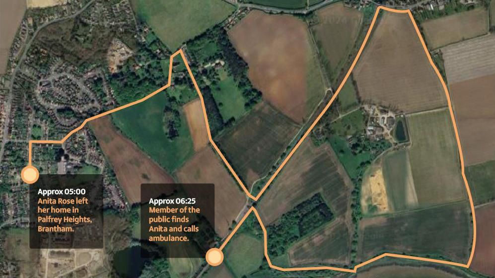 The map detailing Anita Rose's walk in Brantham before she was attacked