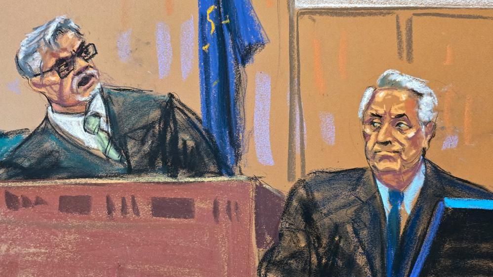 Sketch of Robert Costello, a lawyer who gave Michael Cohen legal advice, giving Justice Juan Merchan side eye