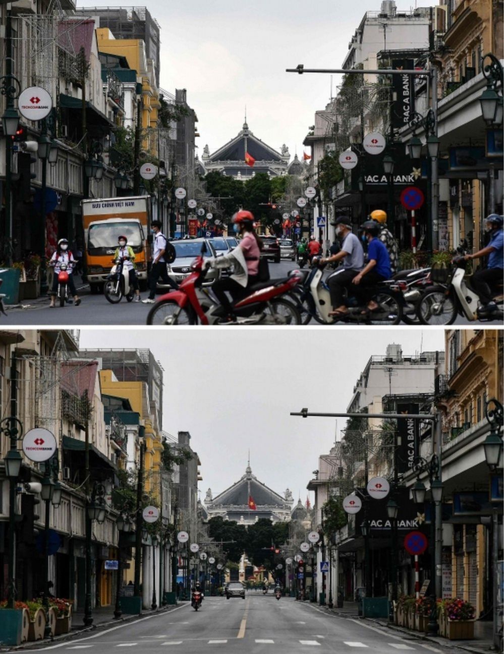 A busy traffic intersection in Hanoi on 13 May (top) and the same street during the Vietnam's lockdown on 6 April
