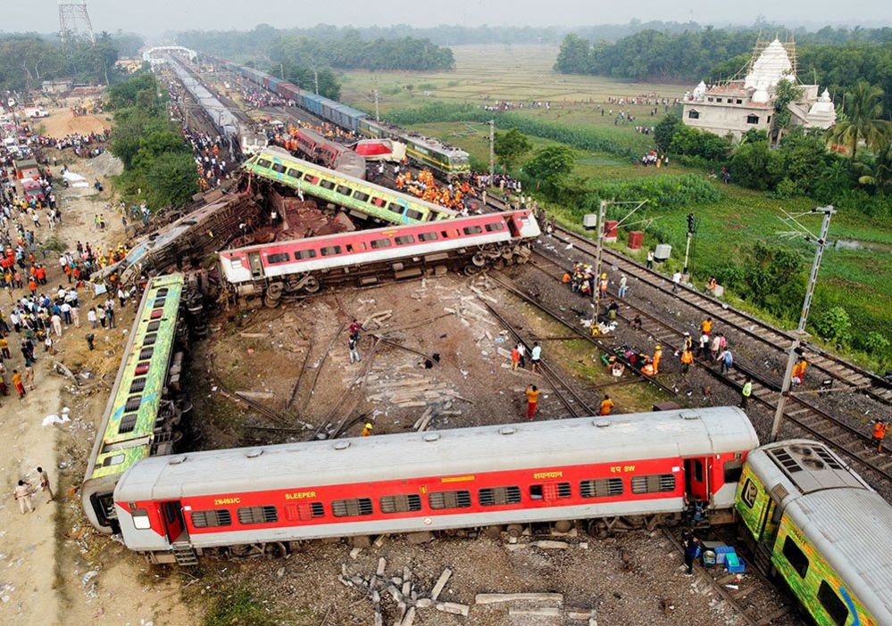 A drone view shows derailed coaches after two passenger trains collided in Balasore district in the eastern state of Odisha, India