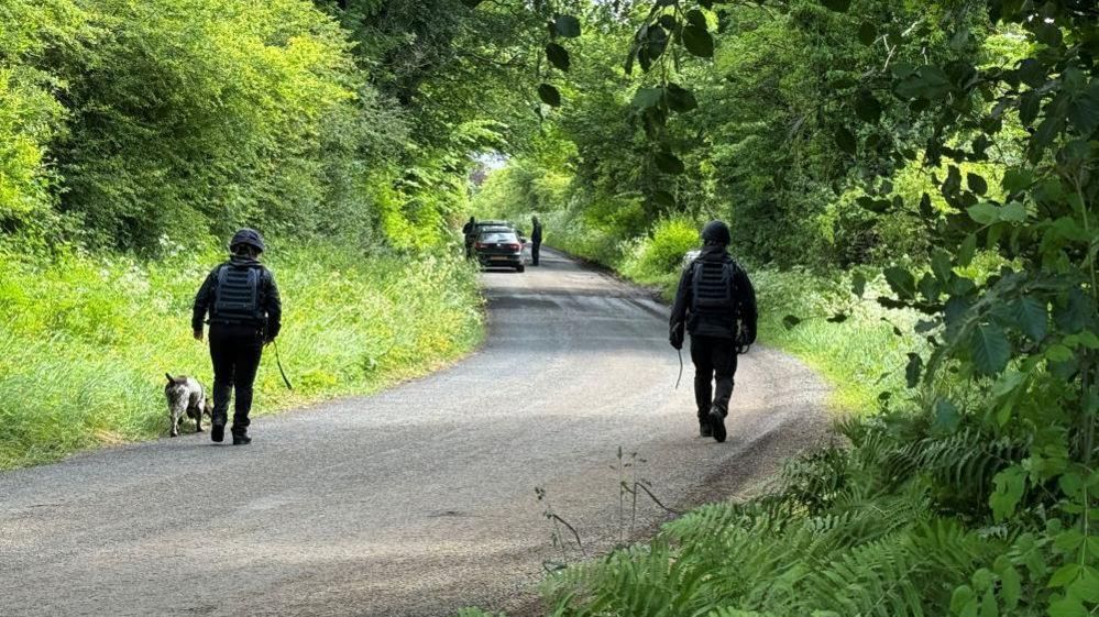 Army personnel and search dog on twenty army personnel and five members of the PSNI were involved in searches on the Slievenaghy Road.