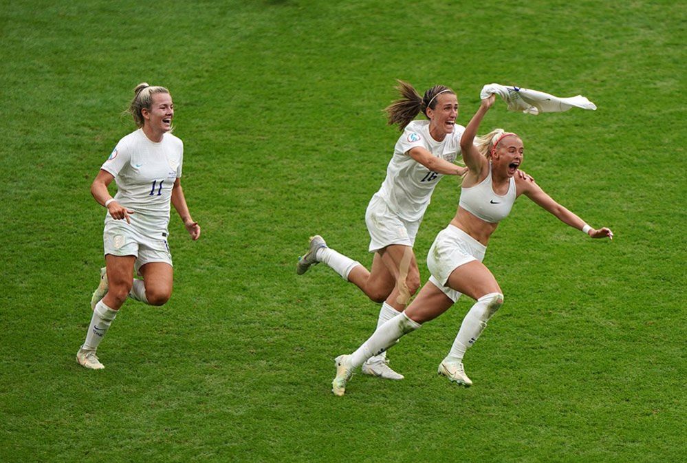 England's Chloe Kelly celebrates scoring their side's second goal of the game during the UEFA Women's Euro 2022 final at Wembley Stadium, London, 31 July 2022