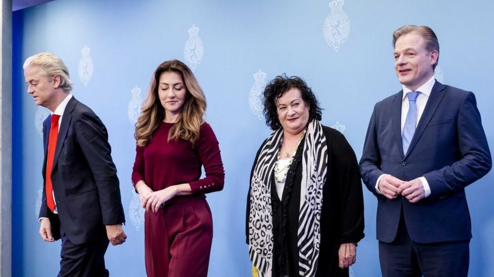 Dutch party leaders Geert Wilders (PVV), Dilan Yesilgoz (VVD), Caroline van der Plas (BBB) and Pieter Omtzigt (NSC) react after posing for a group photograph during the presentation of the main lines agreement for a new cabinet, in the Hague, the Netherlands, 16 May 2024