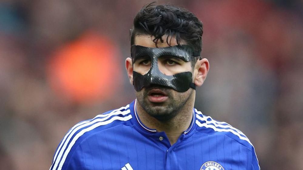 Former Chelsea's Brazilian-born Spanish striker Diego Costa wearing a protective face-mask against Southampton in the Premier League in 2016.