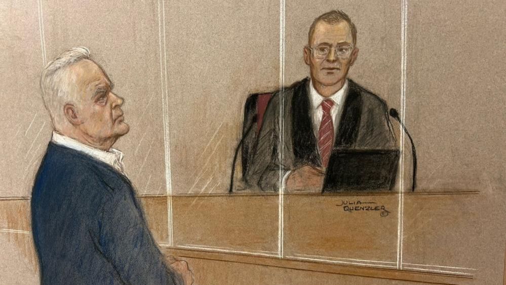 A court sketch of chief magistrate district judge Paul Goldspring and Huw Edwards 