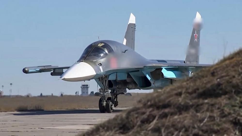 A handout still image taken from a handout video made available by the Russian Defence Ministry's press-service shows a Russian fighter-bombers Su-34 preparing to take off to carry out an air strike in Ukraine, 20 April 2022.