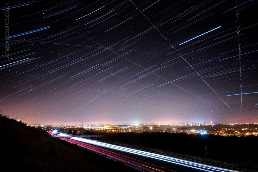 Star trail showing the normal interference that planes have on these images - taken over Hampshire,