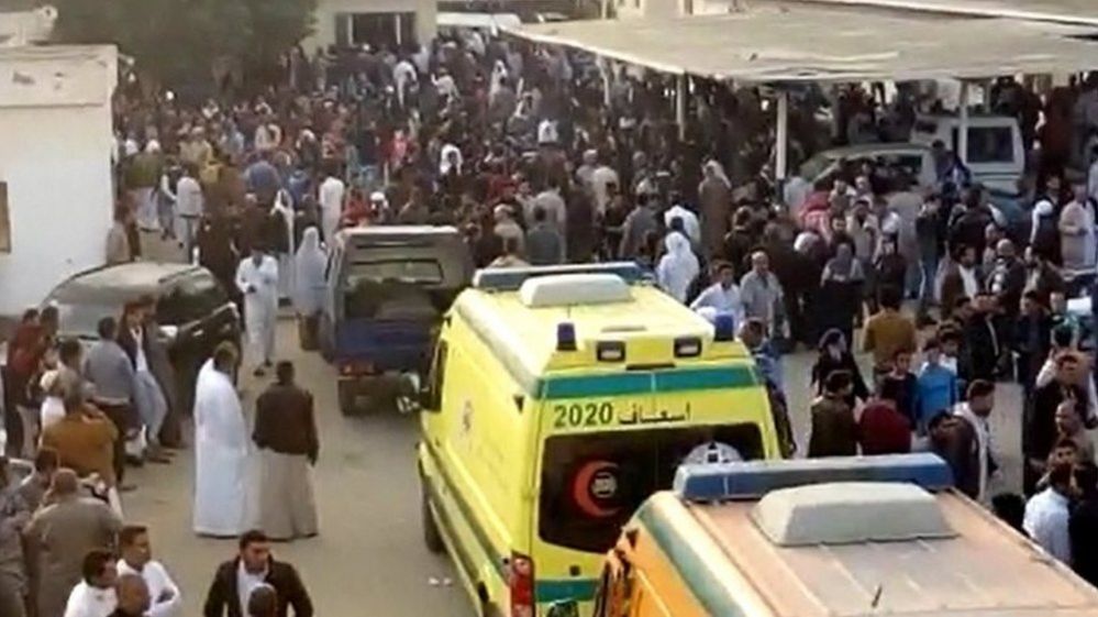 A grab image taken from taken from a video footage shows people and ambulances waiting to evacuate victims outside the mosque that was attacked in the northern city of Arish, Sinai Peninsula, Egypt, 24 November 2017.