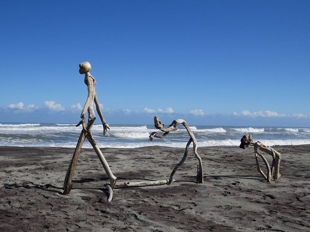 Driftwood sculpture on a beach