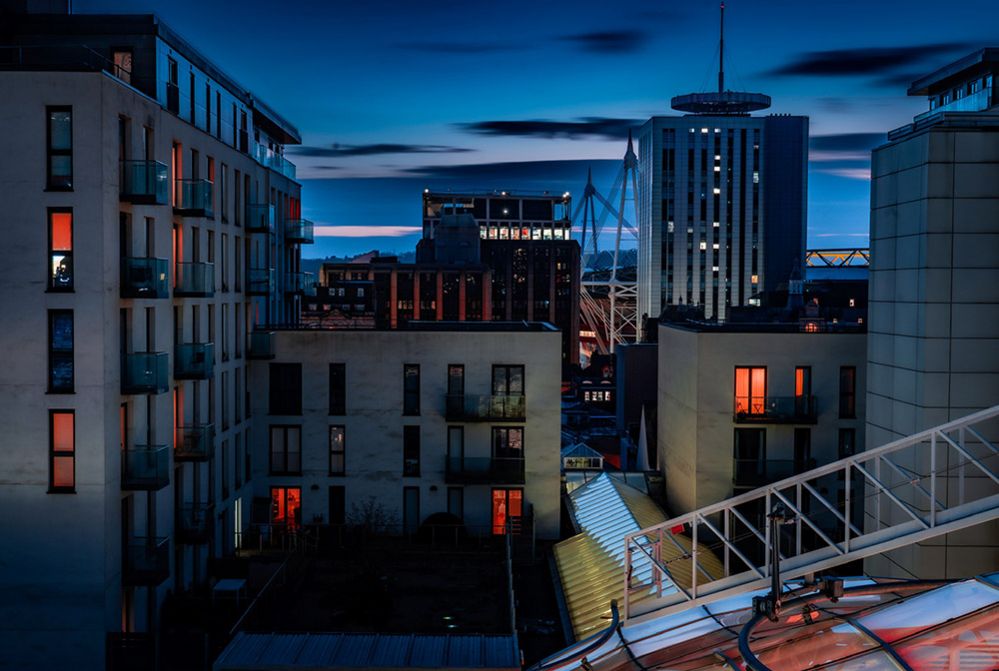 Apartments with the Cardiff city skyline at sunset in the background